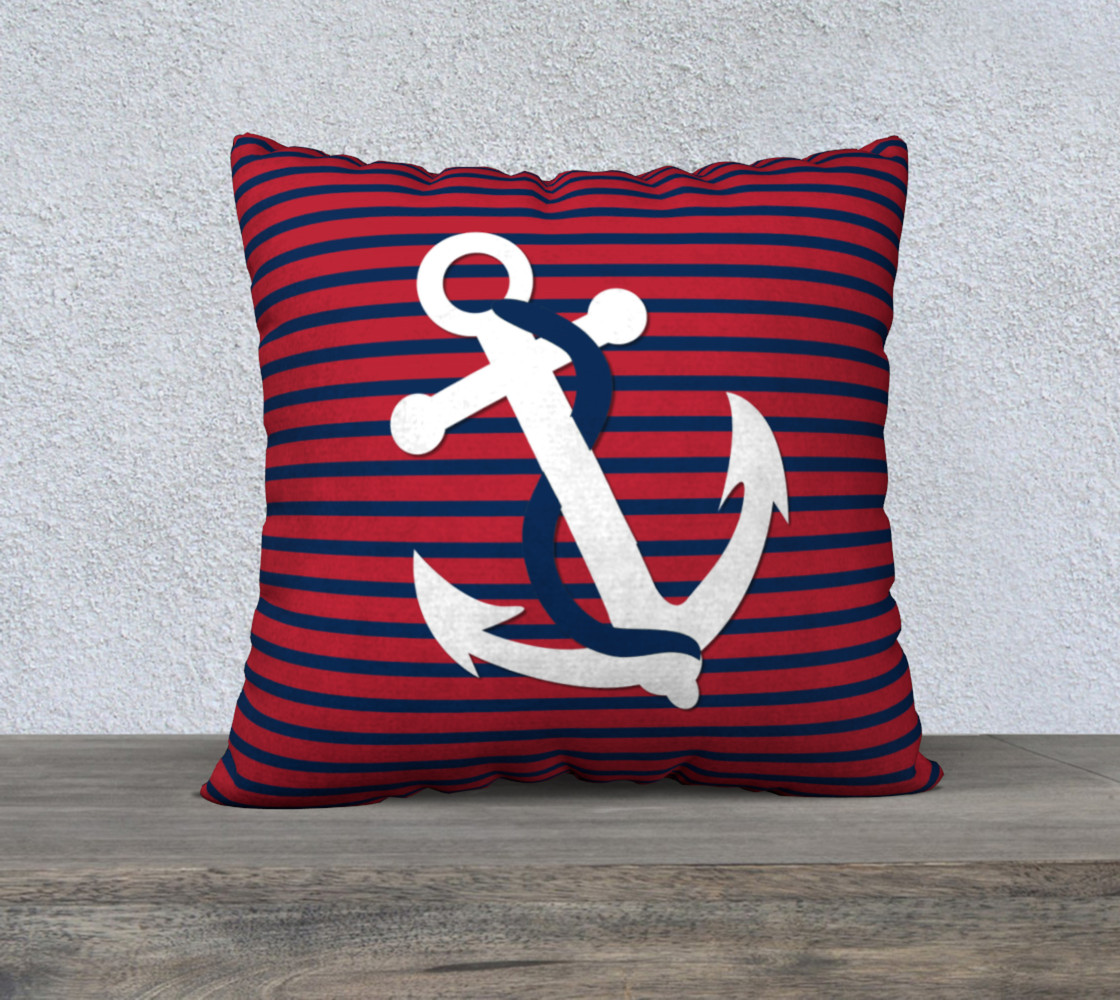 Anchor Pillow White Anchor on Red and Blue Stripes preview #1