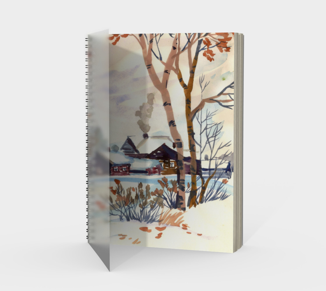 Watercolor Autumn Landscape. Late Autumn. First Snow. preview #1