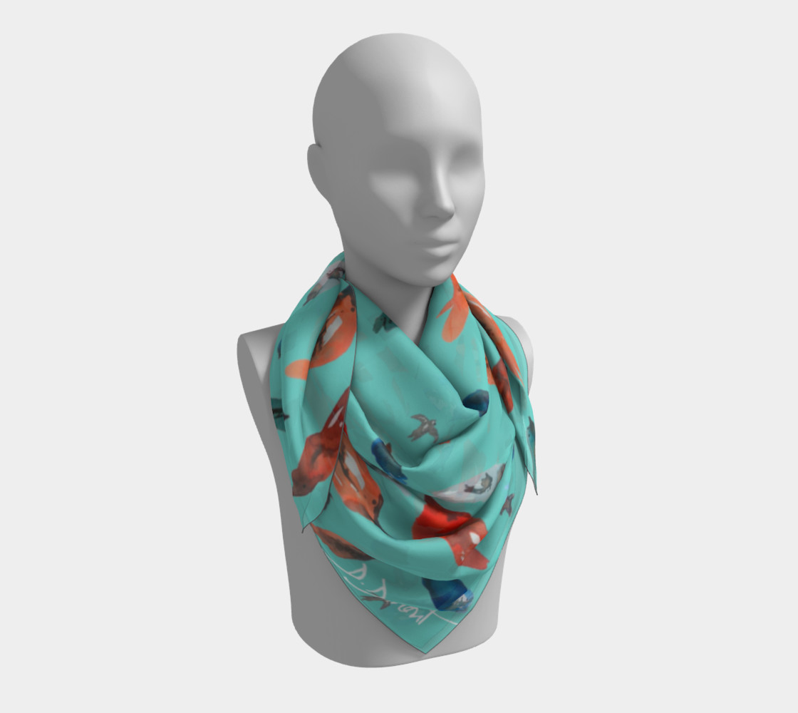 Square scarf fish-birds on turquoise 3D preview