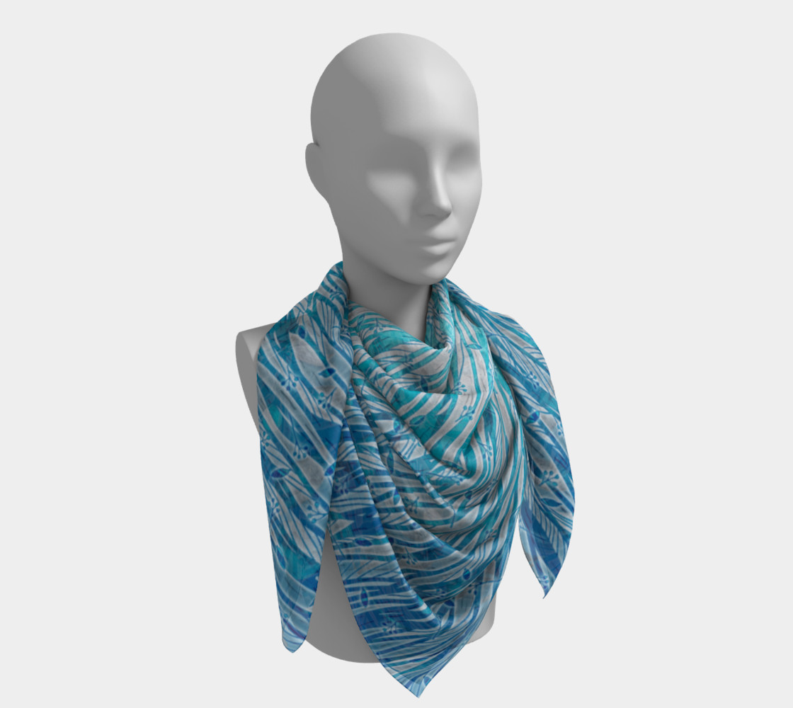 Aperçu de Blue Turquoise Silver Leafy Floral Square Scarf #4