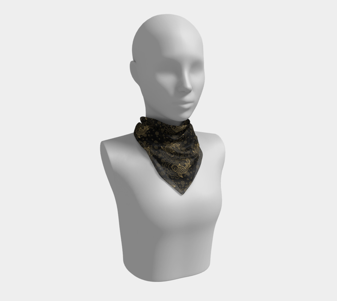 Gold Koi and Flowers on Black Background Square Scarf preview #1