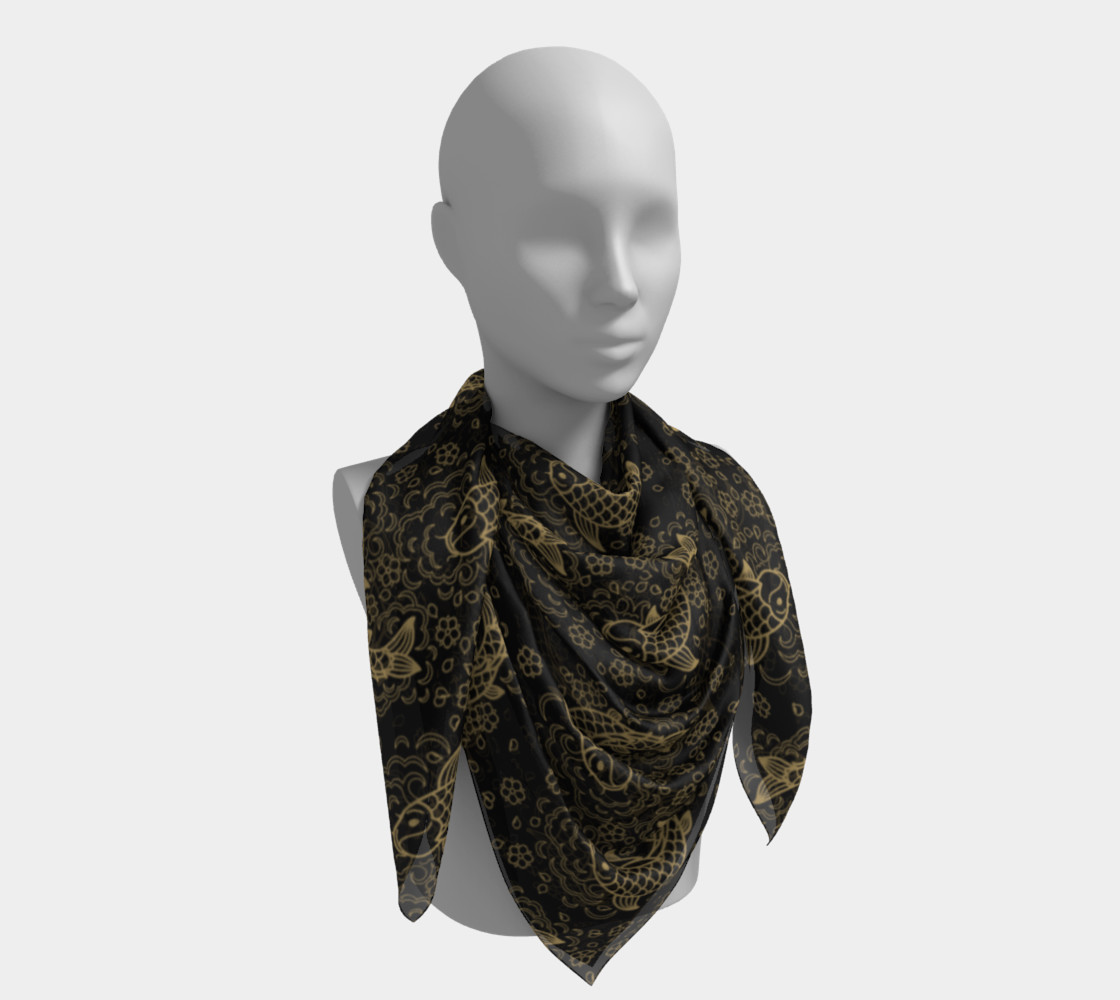 Gold Koi and Flowers on Black Background Square Scarf preview #4