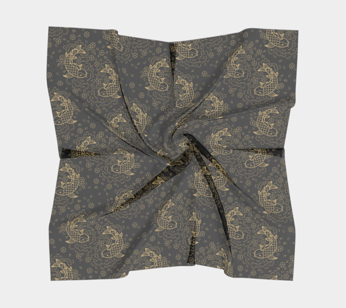 Gold Koi and Flowers on Black Background Square Scarf preview #5
