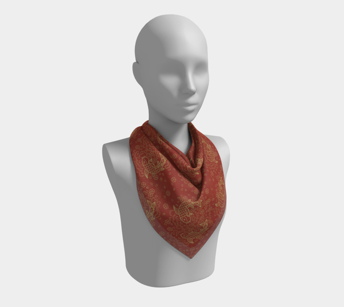 Gold Koi and Flowers on Red Background Square Scarf preview #2