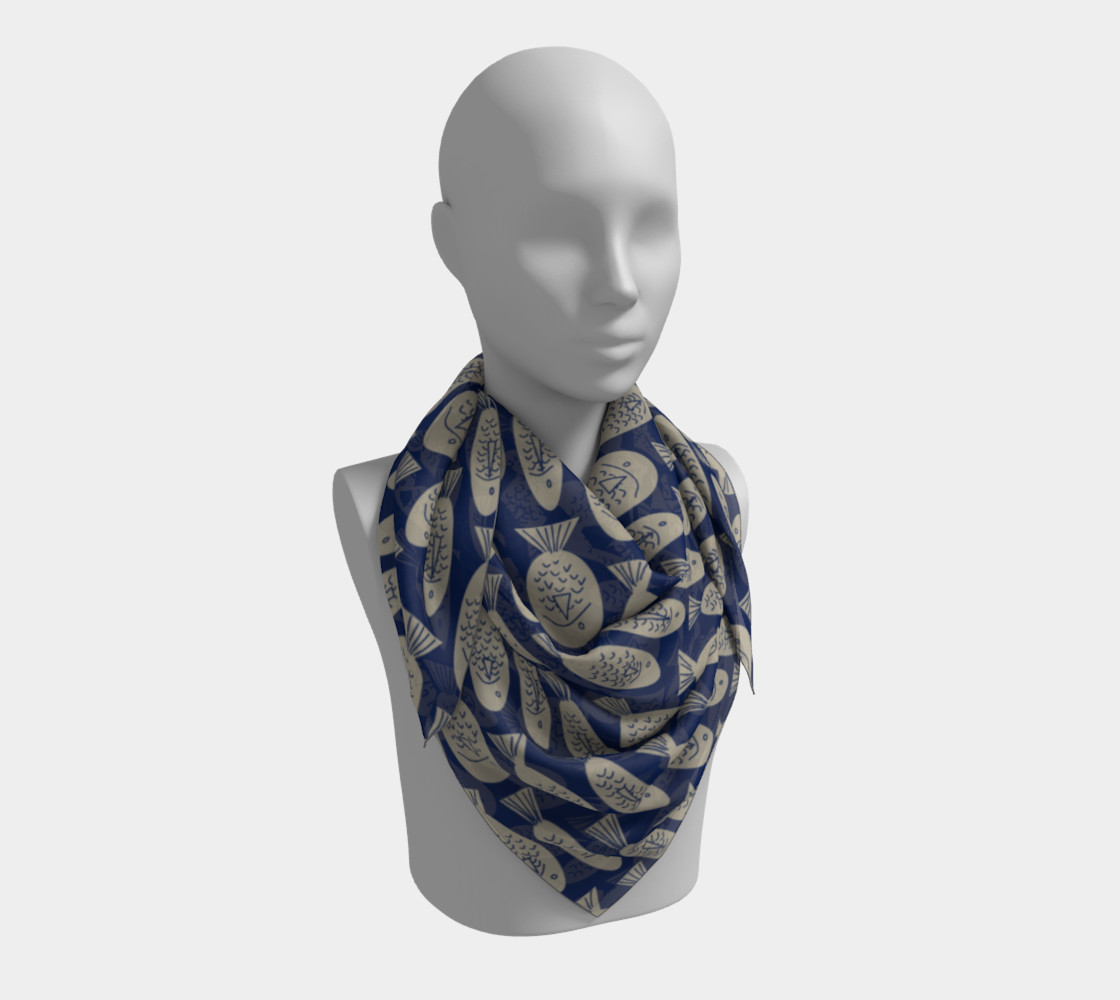 Fish on Navy Square Scarf 190129A preview #3