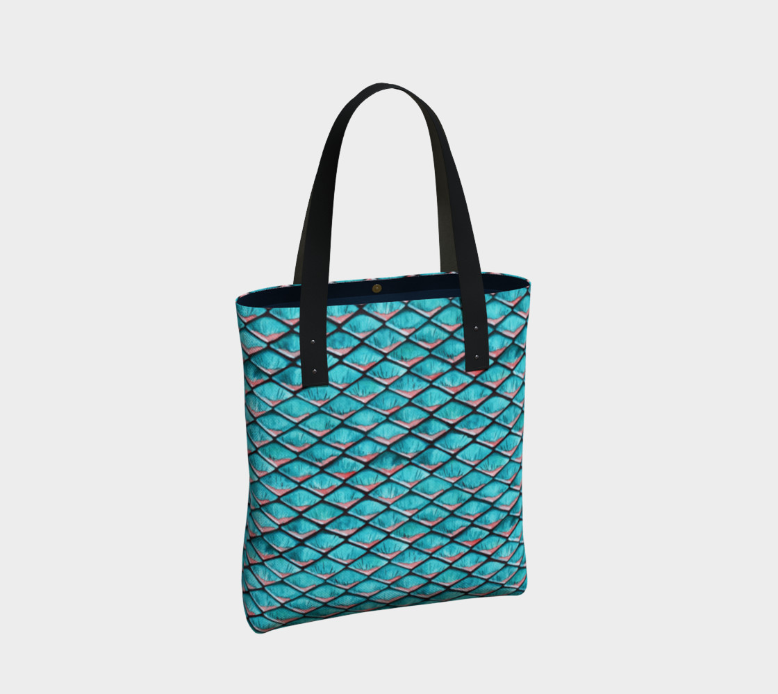 Teal blue and coral pink arapaima mermaid scales pattern Tote Bag preview #2