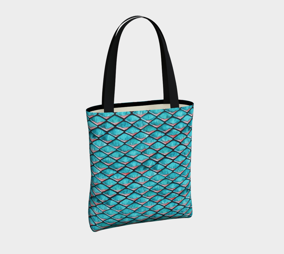 Teal blue and coral pink arapaima mermaid scales pattern Tote Bag preview #4