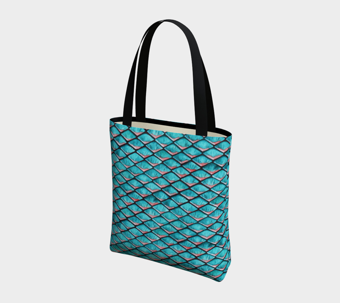 Teal blue and coral pink arapaima mermaid scales pattern Tote Bag thumbnail #4