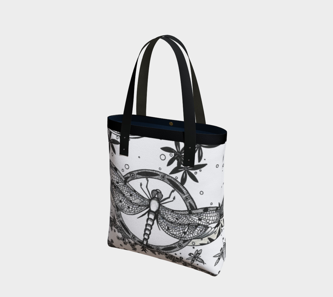 Monochrome Dragonfly Floral Tote Bag 3D preview