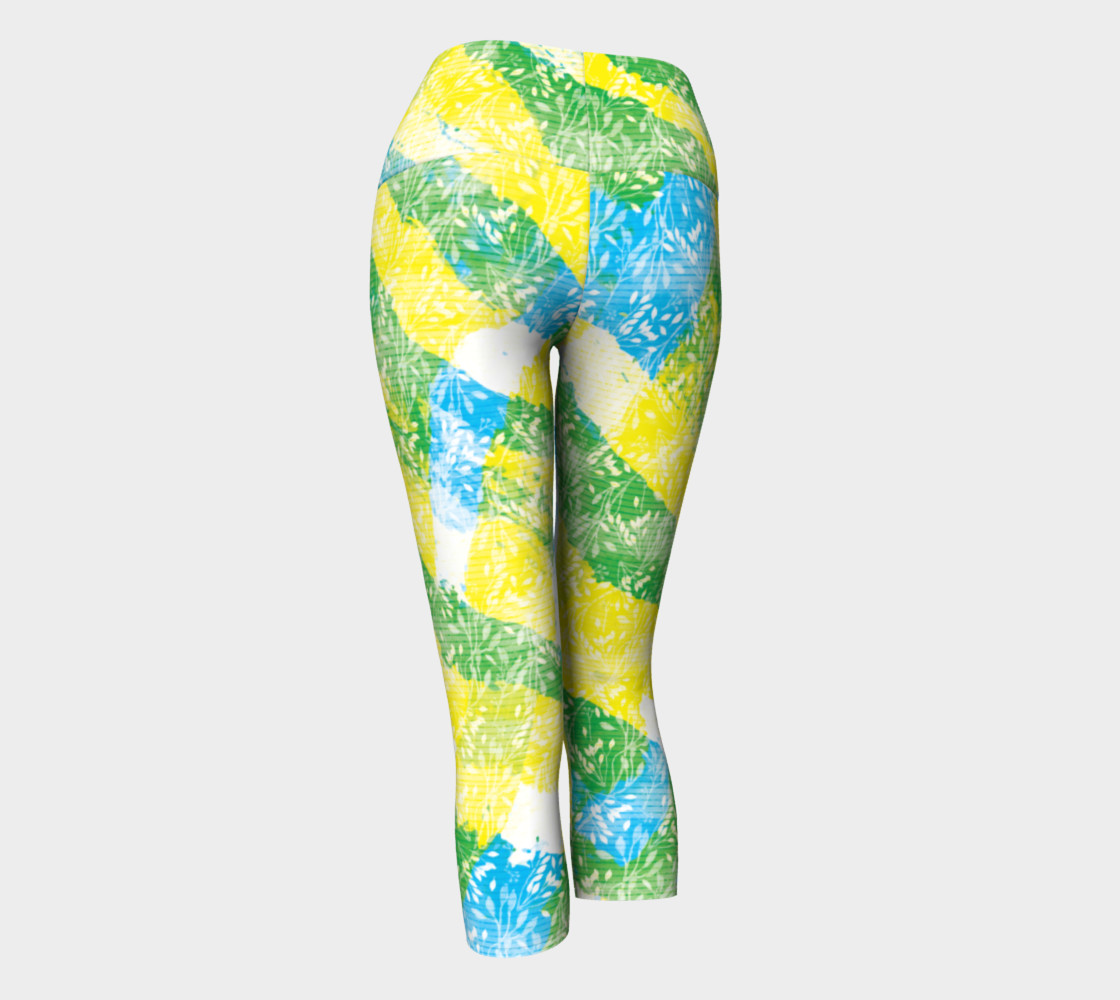 Yellow Blue Green White Paint Stripes Floral Capri Yoga Pants preview #3