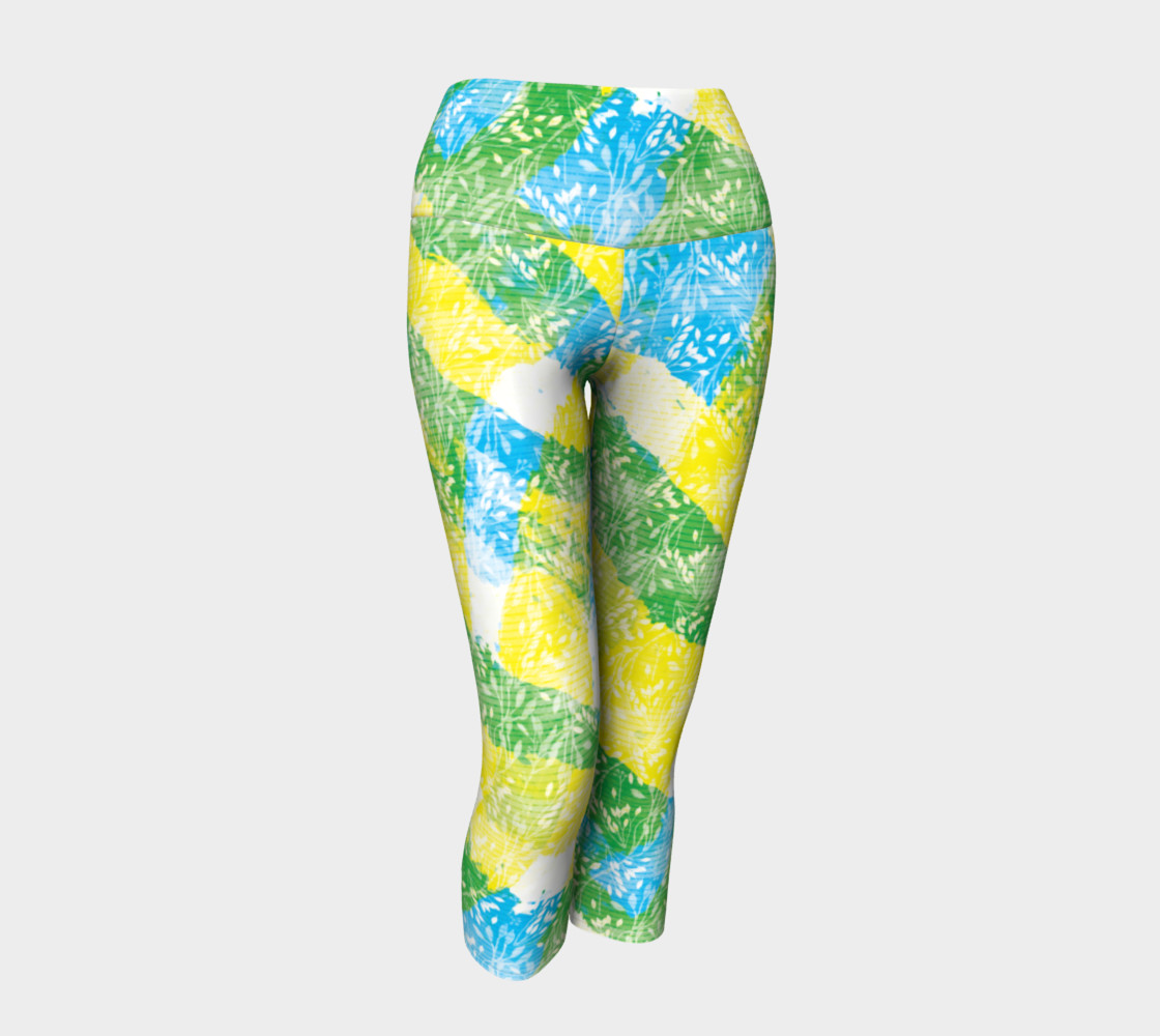 Yellow Blue Green White Paint Stripes Floral Capri Yoga Pants preview #1