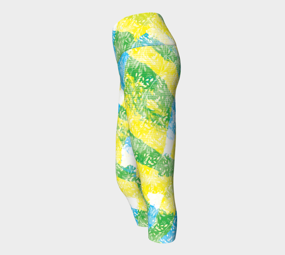 Yellow Blue Green White Paint Stripes Floral Capri Yoga Pants preview #2