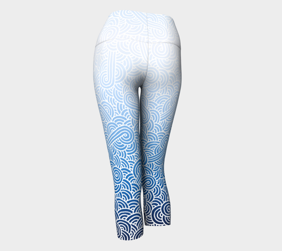 Ombre blue and white swirls doodles Yoga Capris preview #3