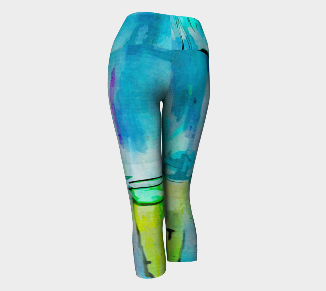Abstract Watercolor Art Blue & Lime Green Yoga Capris preview #3