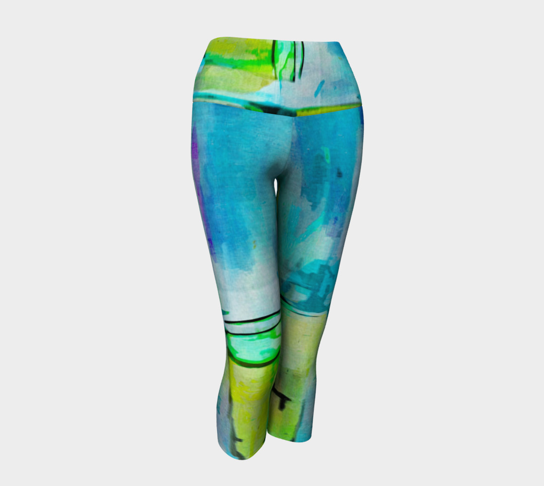 Abstract Watercolor Art Blue & Lime Green Yoga Capris preview #1