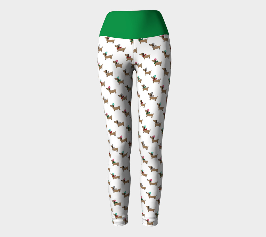 Dachshund Through the Snow Yoga Leggings with Green Band preview #2