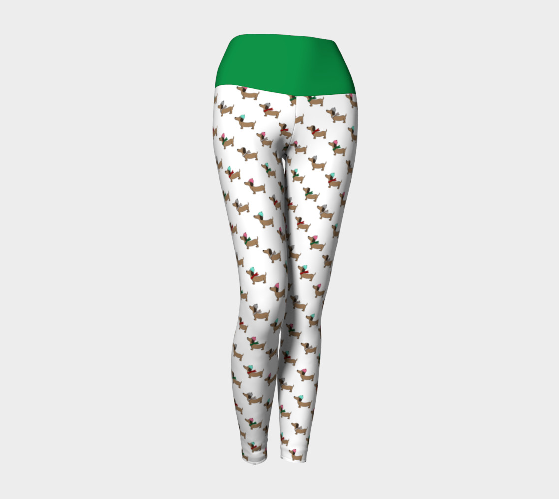 Dachshund Through the Snow Yoga Leggings with Green Band 3D preview