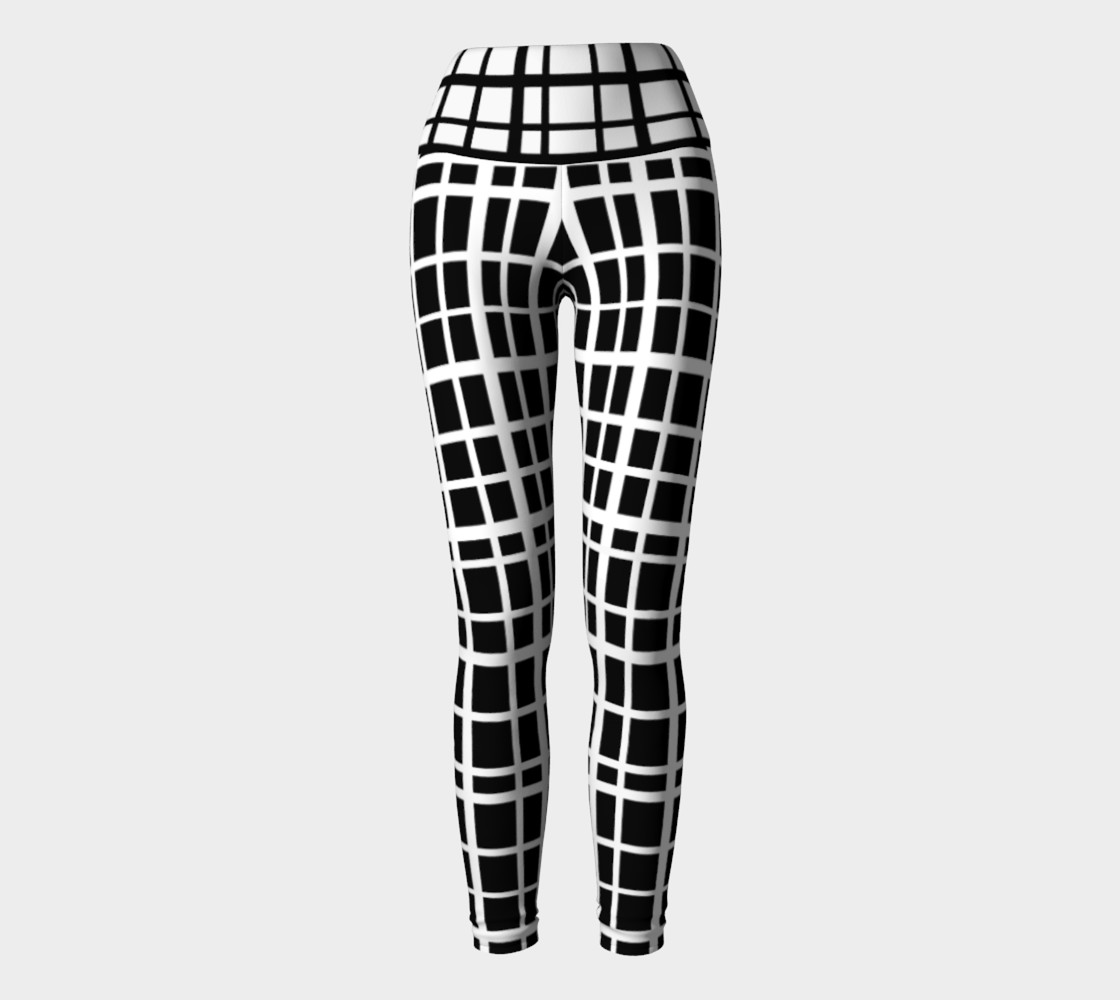 Miki Print--Yoga Leggings, Uneven Grid White on Black with Contrast Black on White Band preview #2