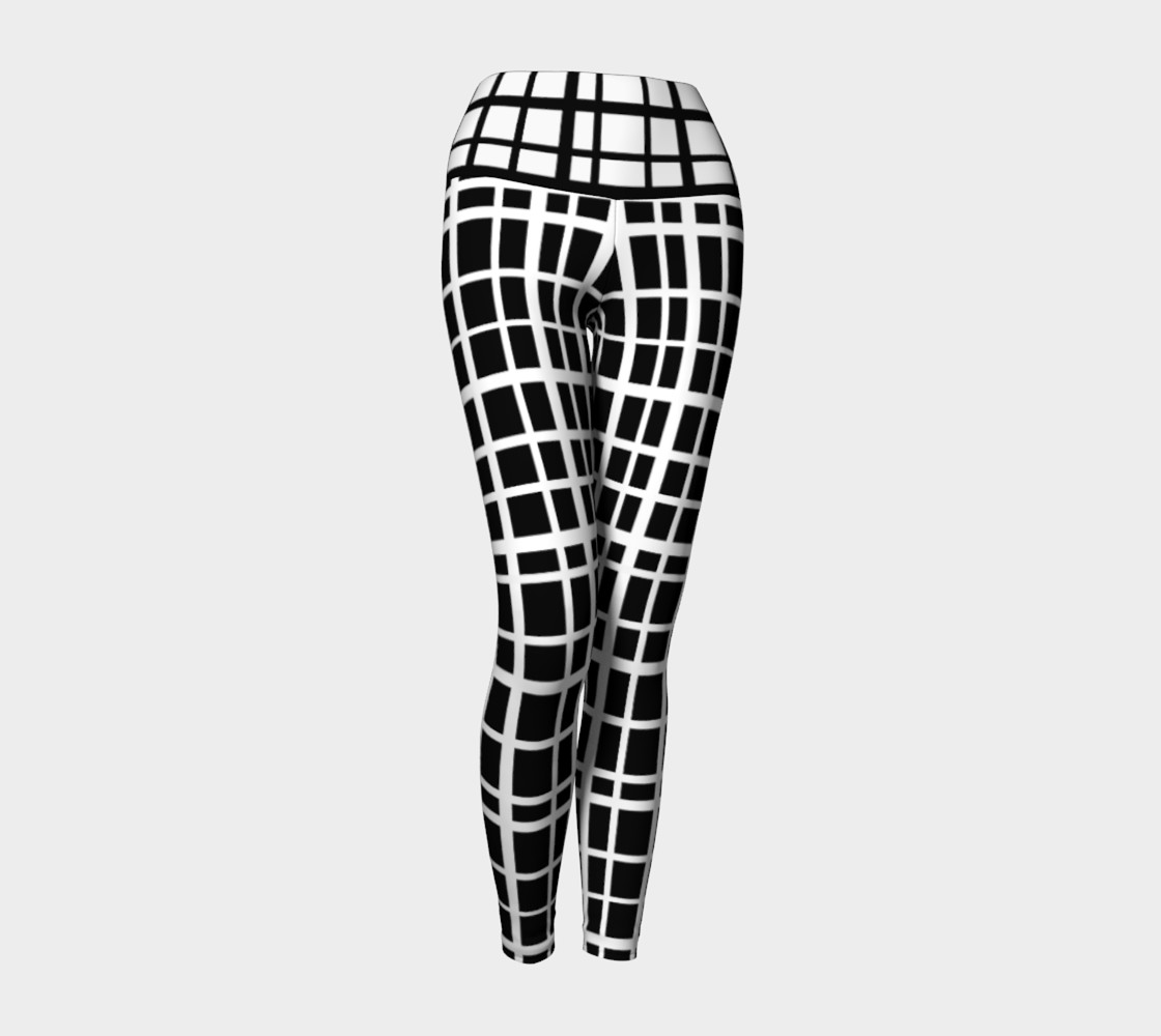 Miki Print--Yoga Leggings, Uneven Grid White on Black with Contrast Black on White Band preview #1
