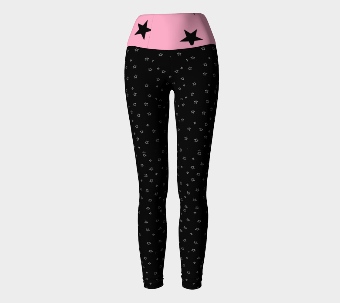 Black & pink yoga leggings with black & white stars preview #2