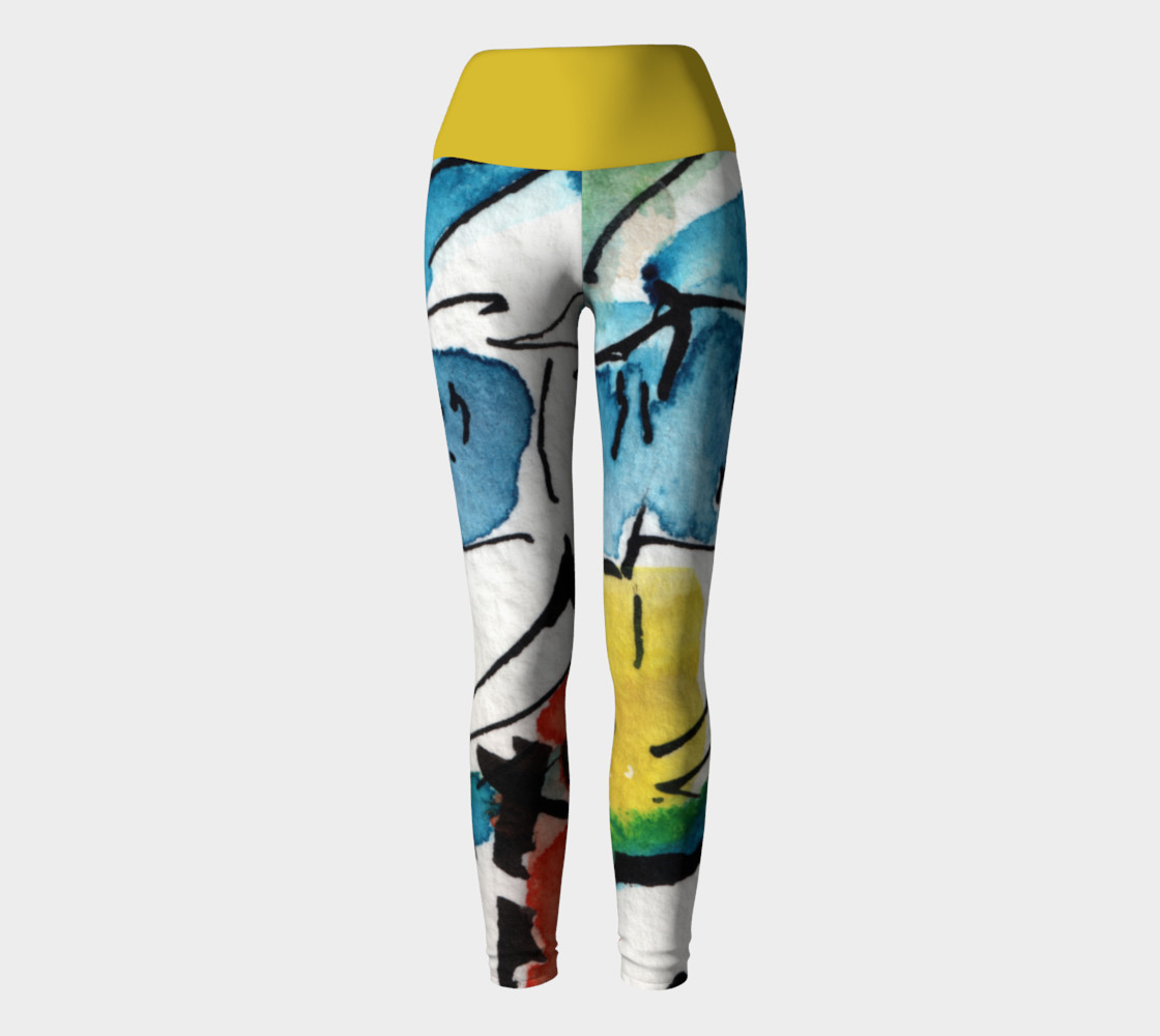 Abstract Art Modern Yoga Leggings with Yellow Band preview #2