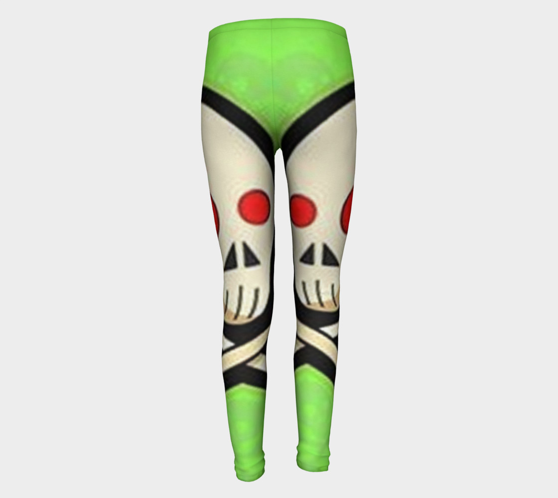 Cartoon Skull On Green Youth Leggings preview #5