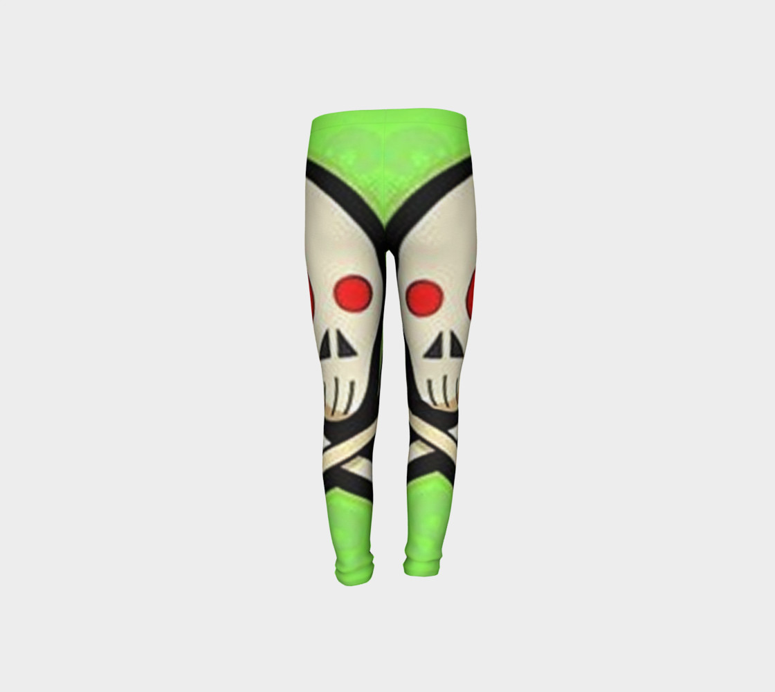 Cartoon Skull On Green Youth Leggings preview #8