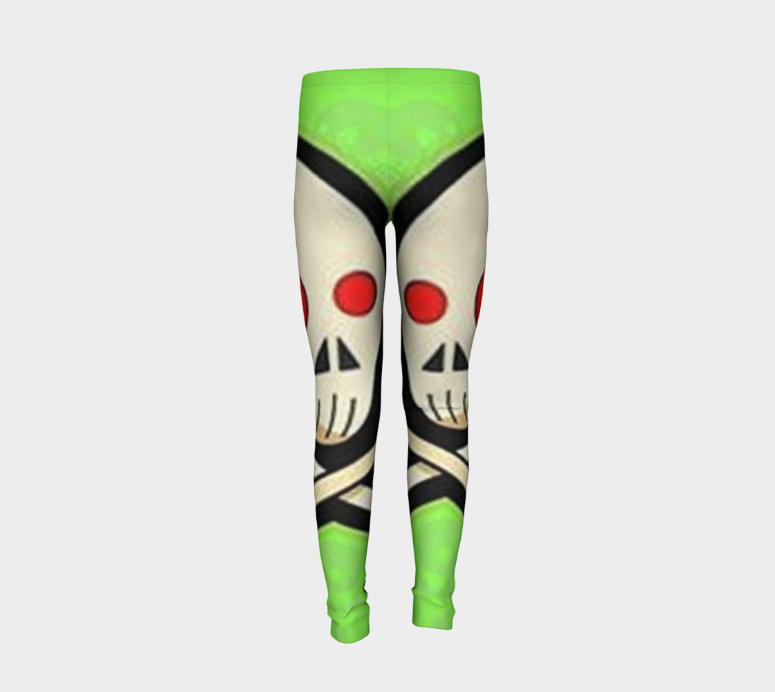 Cartoon Skull On Green Youth Leggings preview #6