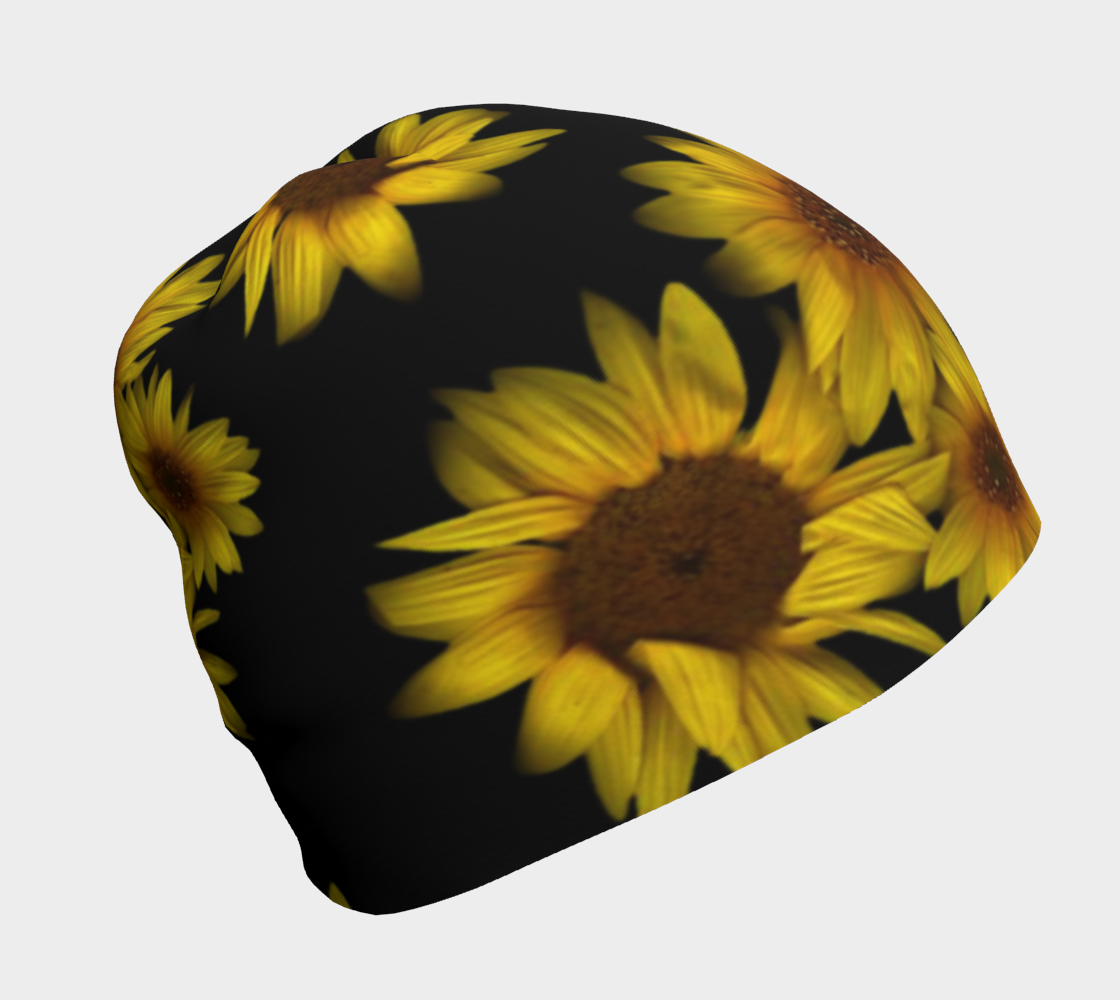 Beanie * Yellow Sunflower on Black Headwear * Floral Warm Cap for Women * Triple Sunflower  preview