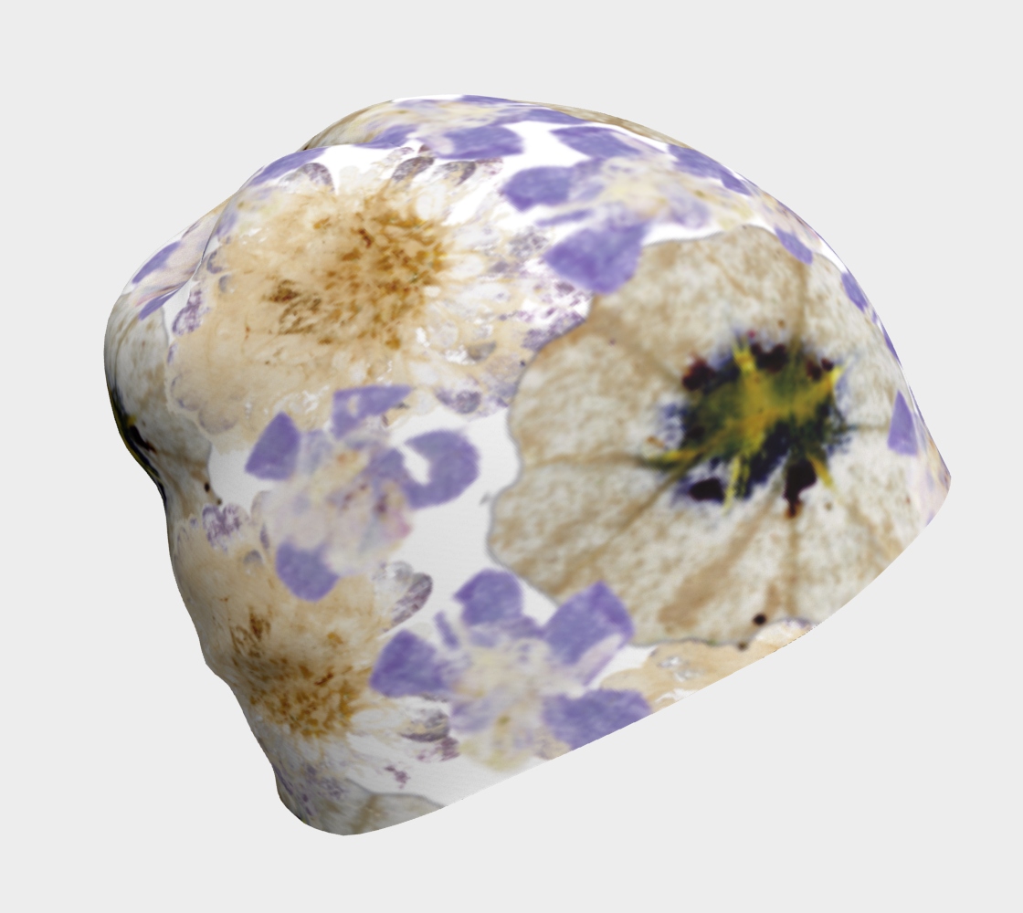 Beanie * Multicolor Floral Womens Cap*Flowered Hat*Bamboo Lining*Purple White Petunia Watercolor Impressions preview
