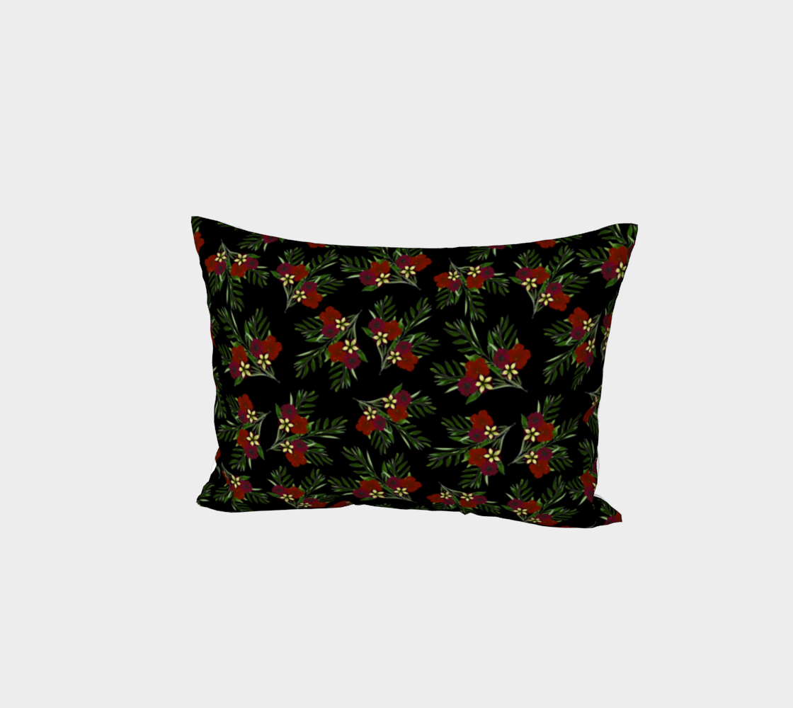 Bed Pillow Sham King*Standard Red Green Black Floral Bedding Linens * Red Petunia w/ Greenery  preview