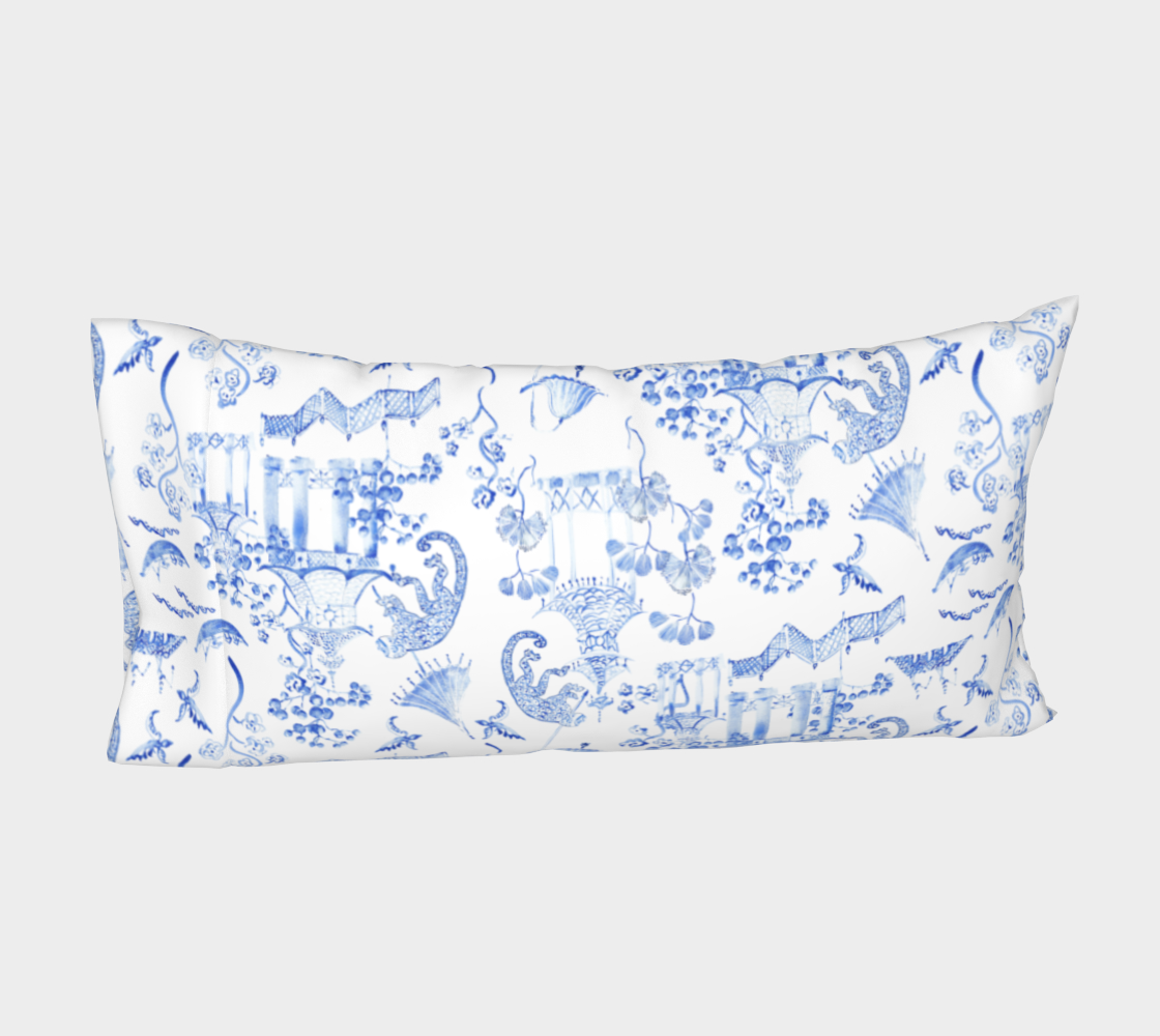 Chinoiserie Bed Pillow Sleeve Case - " Hand Painted Watercolour Chinoiserie" | Blue and White preview #4