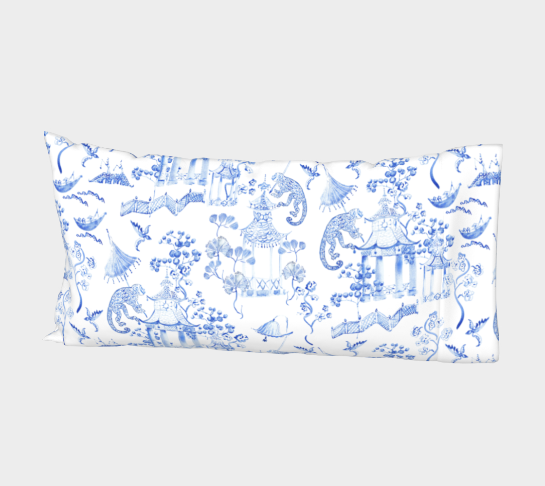 Chinoiserie Bed Pillow Sleeve Case - " Hand Painted Watercolour Chinoiserie" | Blue and White thumbnail #3