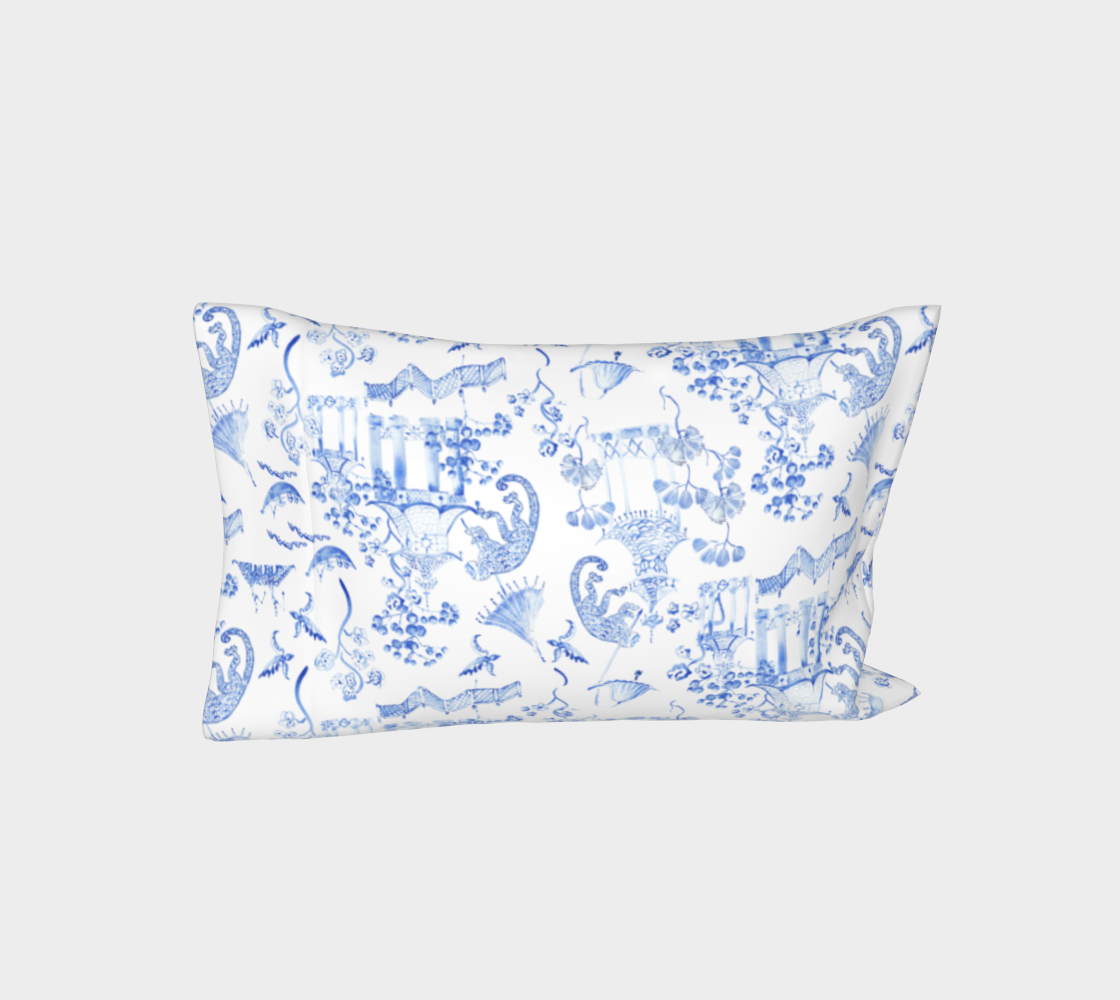 Chinoiserie Bed Pillow Sleeve Case - " Hand Painted Watercolour Chinoiserie" | Blue and White preview #3