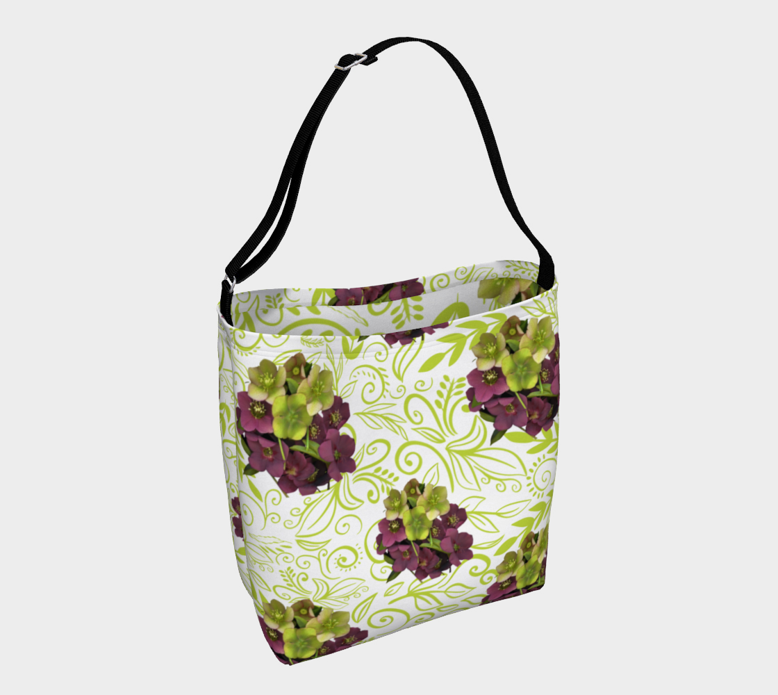 Aperçu de Day Tote * Abstract Floral Shopping Bag * Shoulder Cross Body Tote * Green Purple Hellebore Blossoms Green Swirl 