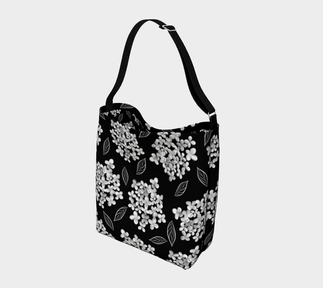 Day Tote * Abstract Floral Shopping Bag * Shoulder Cross Body Tote * White Hydrangea on Black  Miniature #3