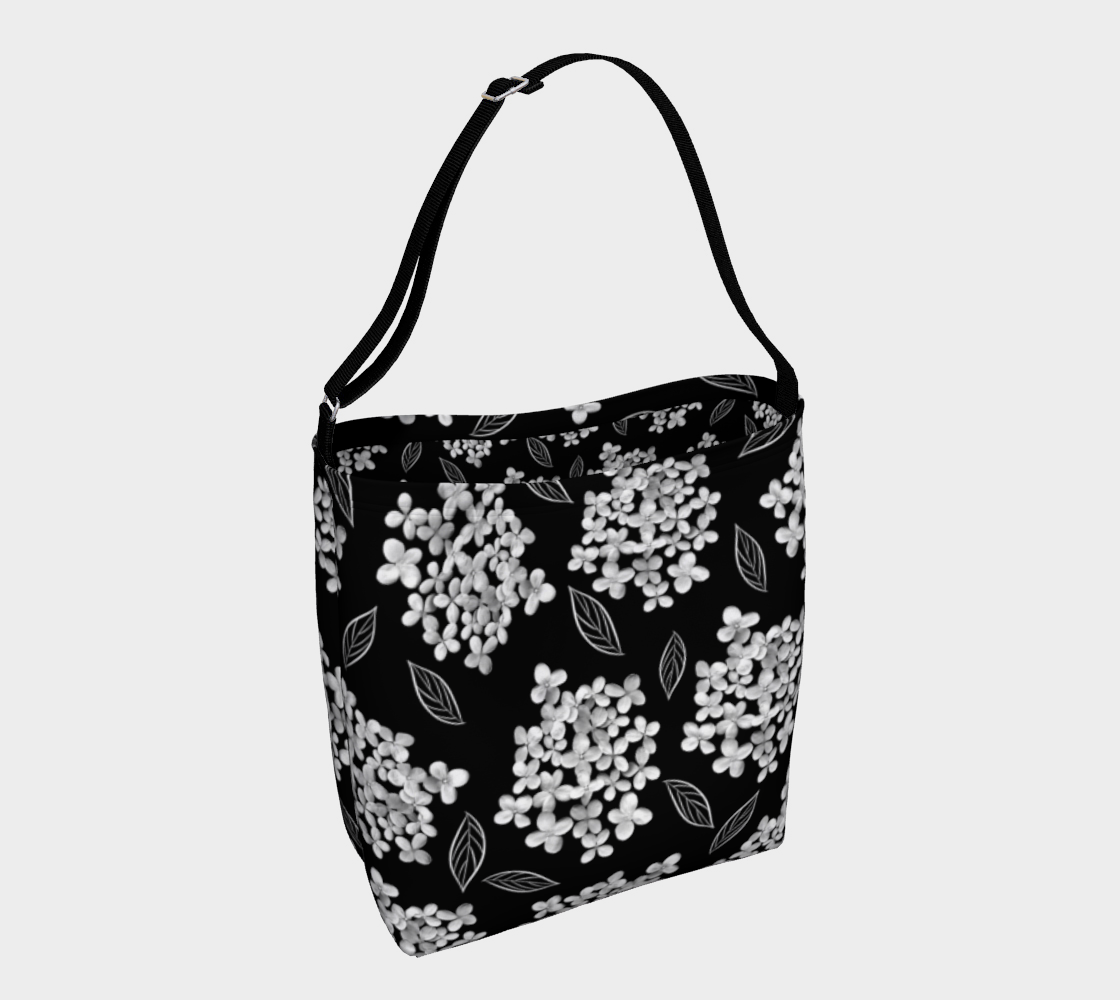 Aperçu de Day Tote * Abstract Floral Shopping Bag * Shoulder Cross Body Tote * White Hydrangea on Black #1