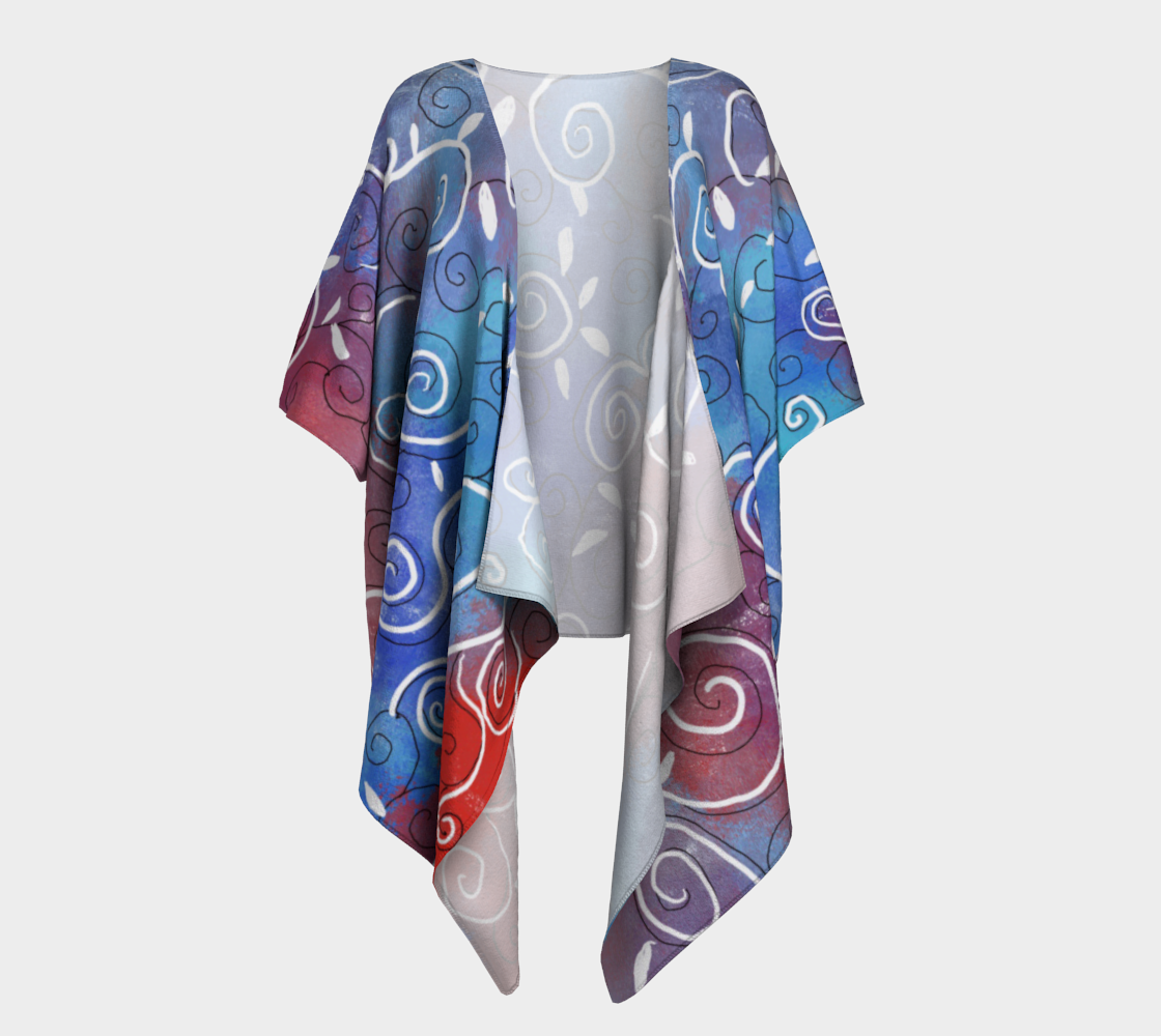 White Swirls on red and Blue Draped Kimono preview
