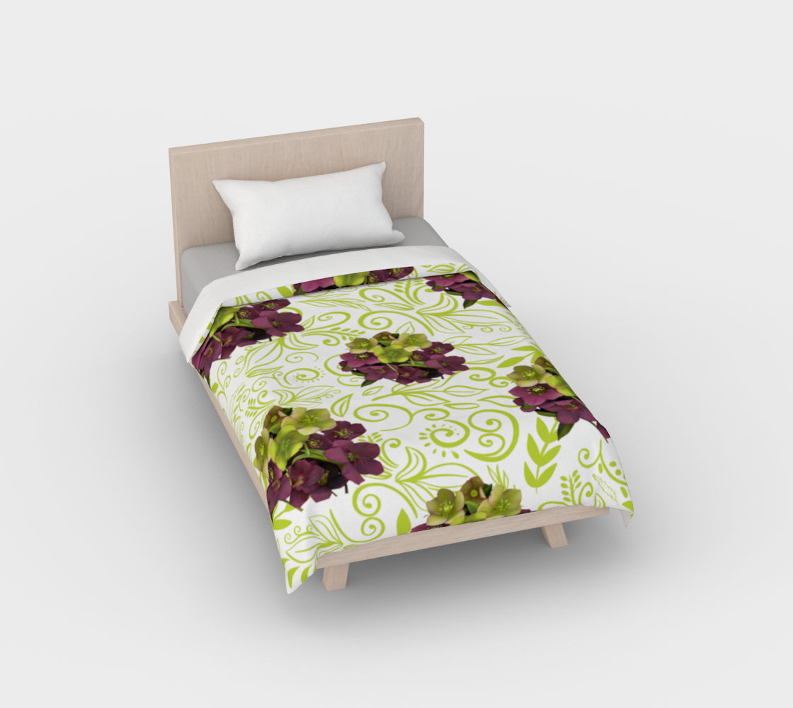 Duvet Cover * Green Purple Floral Bedding Linens * Flowered Comforter Cover * Hellebore Bouquet Green aperçu