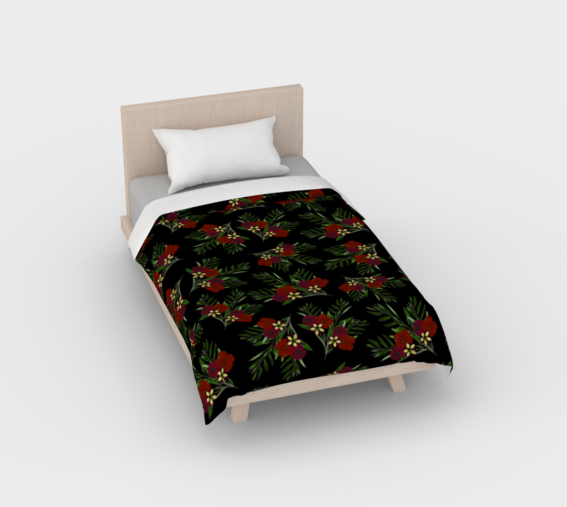 Aperçu de Duvet cover * Red Green Black Floral Bedding Linens * Comforter Cover * Red Petunia Greenery