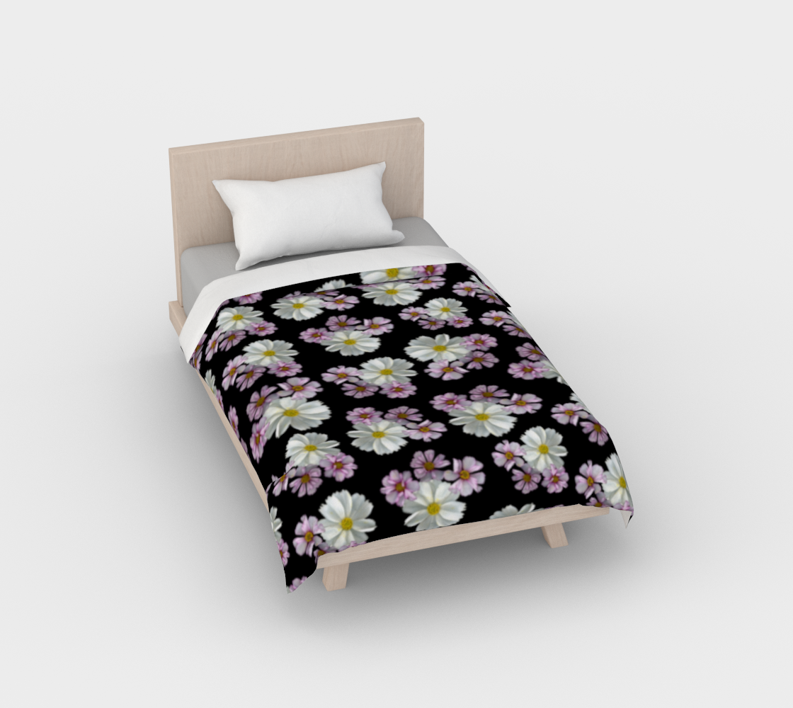 Duvet Cover * Abstract Floral Bedding Linens * Pressed Flowers Comforter Cover * Pink Purple White Cosmos Blossoms 3D preview