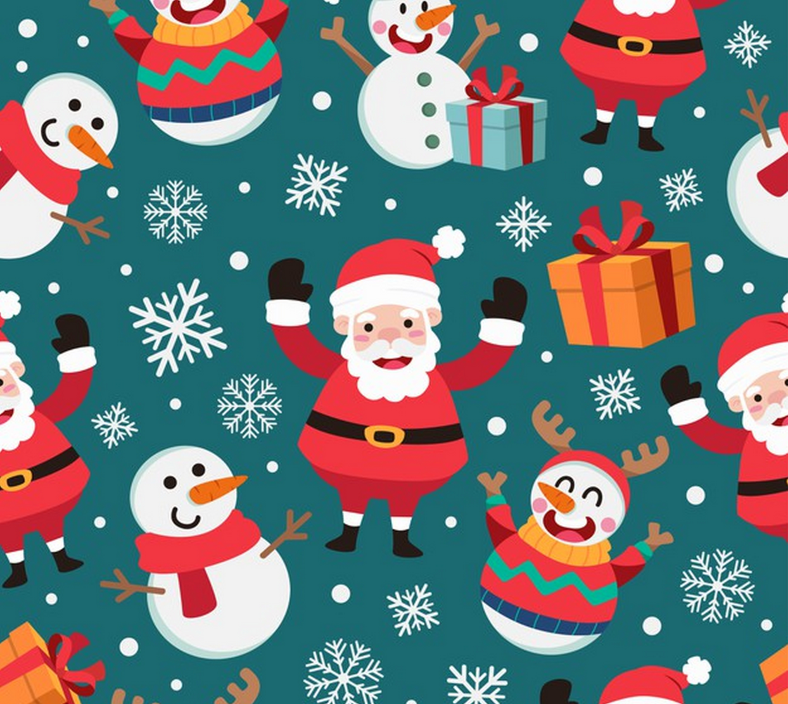 Aperçu de Christmas Fabric - Santa, Snowman, Snowflakes on Green Background