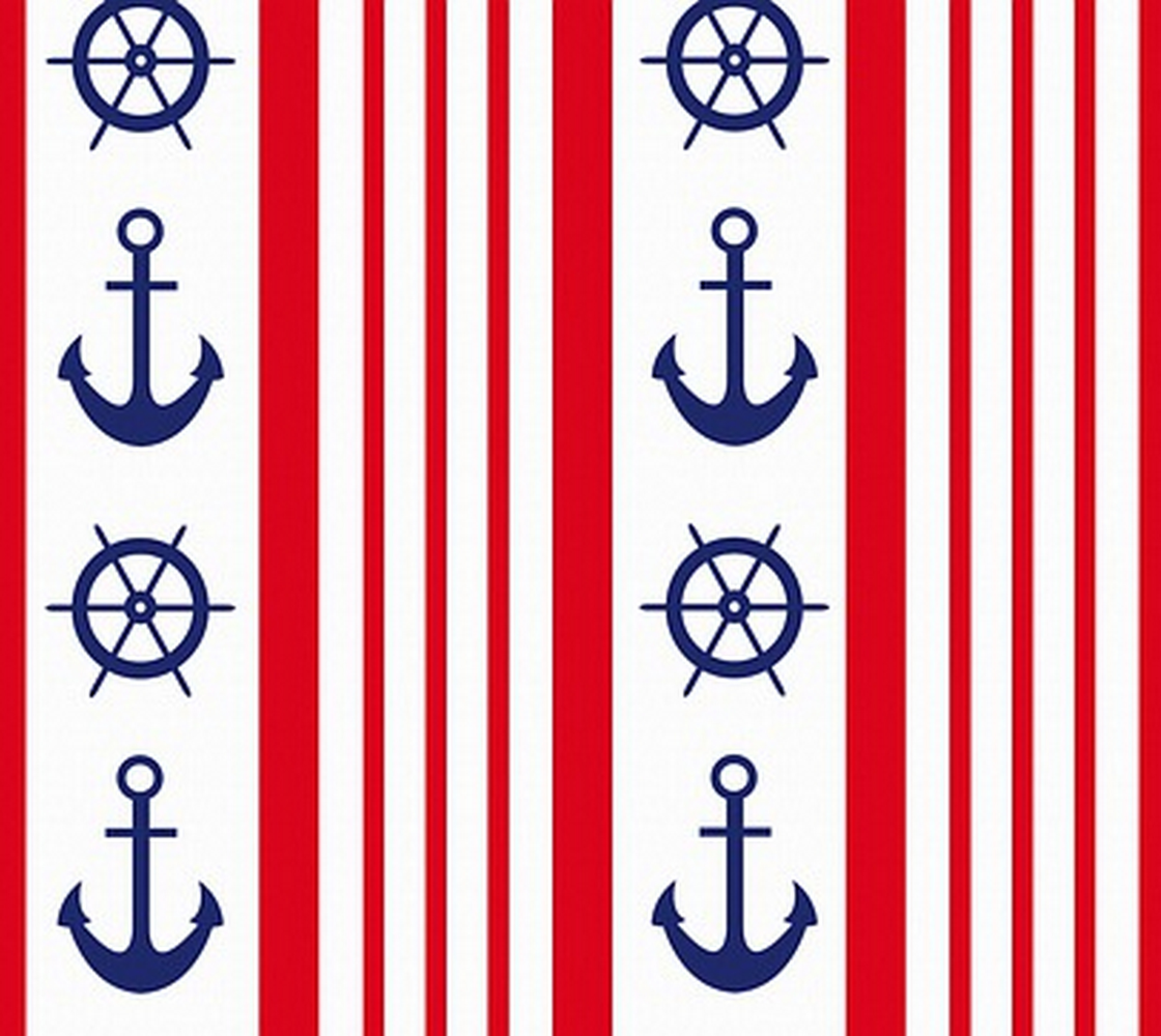 Aperçu de Nautical, Boating Fabric - Red Stripes, Blue Anchors and Wheels
