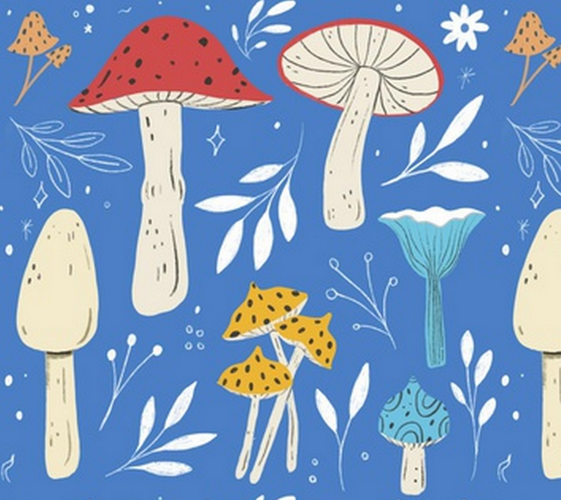 Aperçu de Vintage Mushrooms on Blue Background