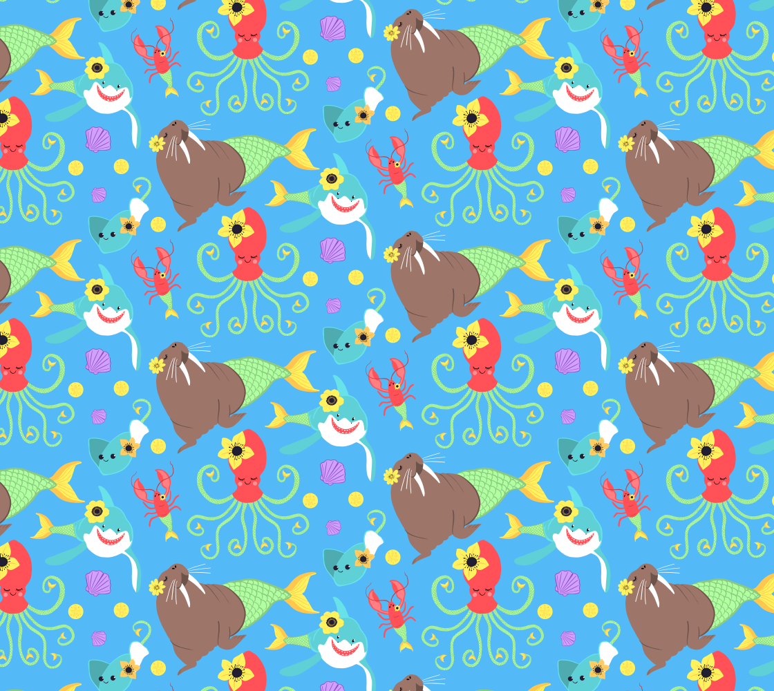Mermaid Animals Fabric (Blue) preview