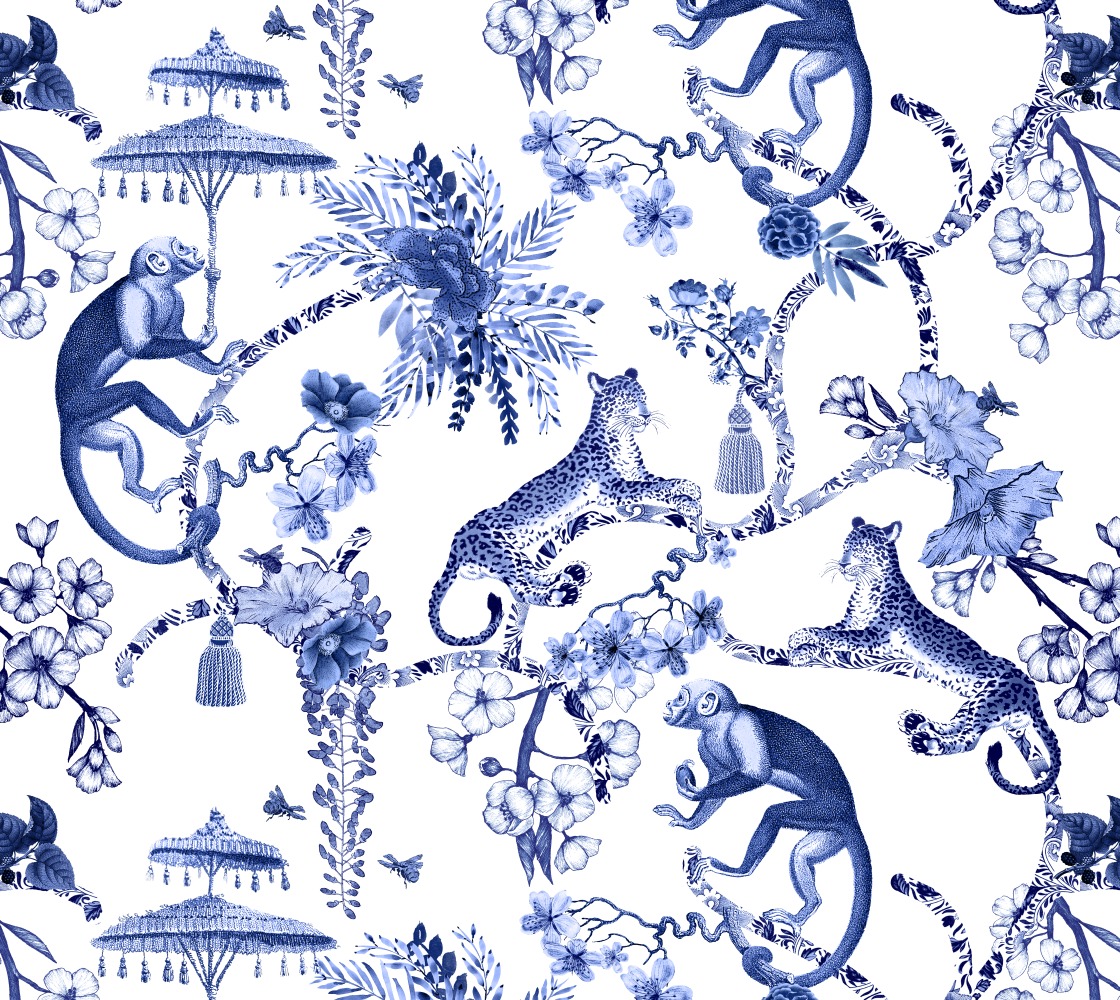 Aperçu de Chinoiserie "Whimsy" - Blue & White - Fabric