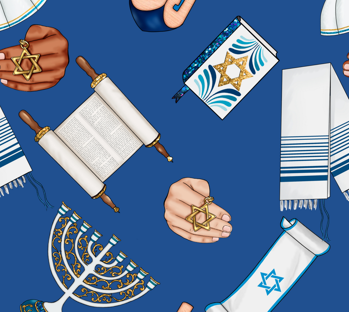 Aperçu de Gorgeous Hanukkah, Judaica Fabric - Menorah, Dreidel, kippah, tallit, torah scroll