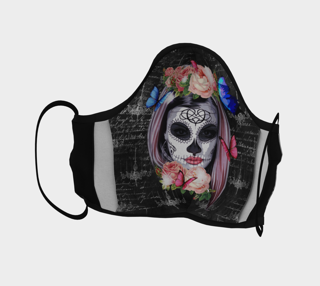 Womens Sugar Skull & Mod Flowers Face Mask Pastel Goth Black Blue Pink Reuseable Washable Double Layer Made in Canada preview #4