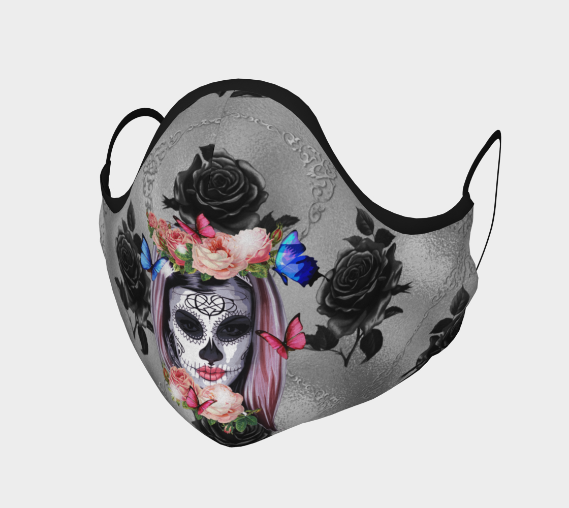 Womens Sugar Skull & Mod Flowers Face Mask Pastel Goth Black Blue Pink Reuseable Washable Double Layer Made in Canada preview #1