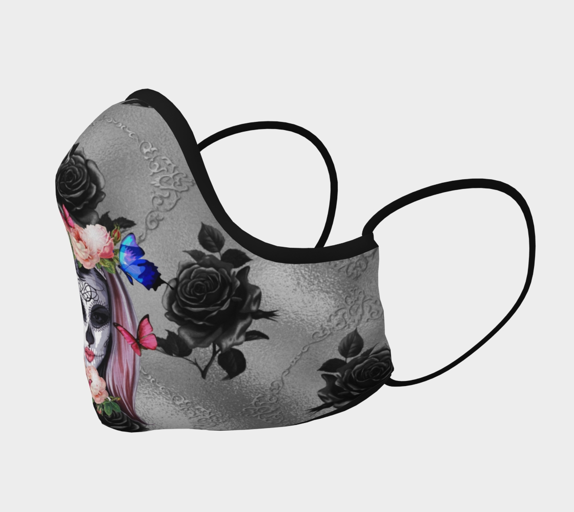 Womens Sugar Skull & Mod Flowers Face Mask Pastel Goth Black Blue Pink Reuseable Washable Double Layer Made in Canada preview #2